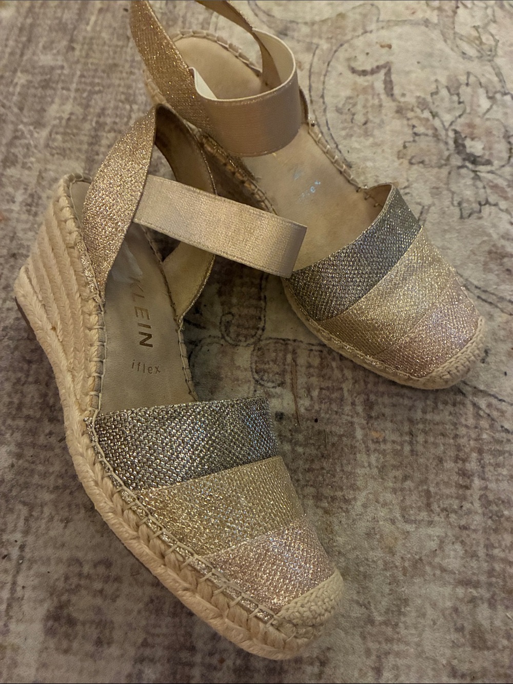 Anne Klein I flex Metallic Multi-Stripe Espadrille Wedge Sandals 8.5